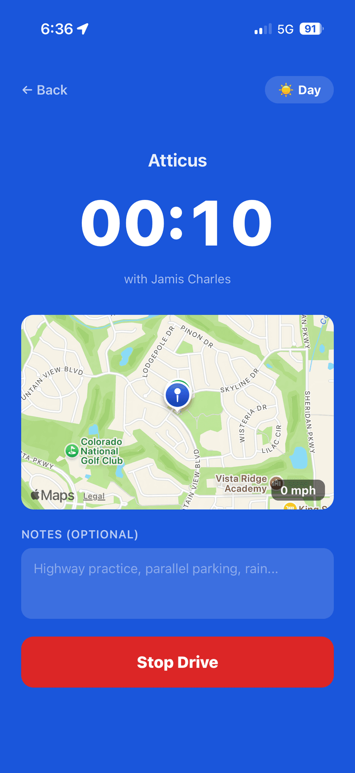An active drive with a running timer, live map, and current speed