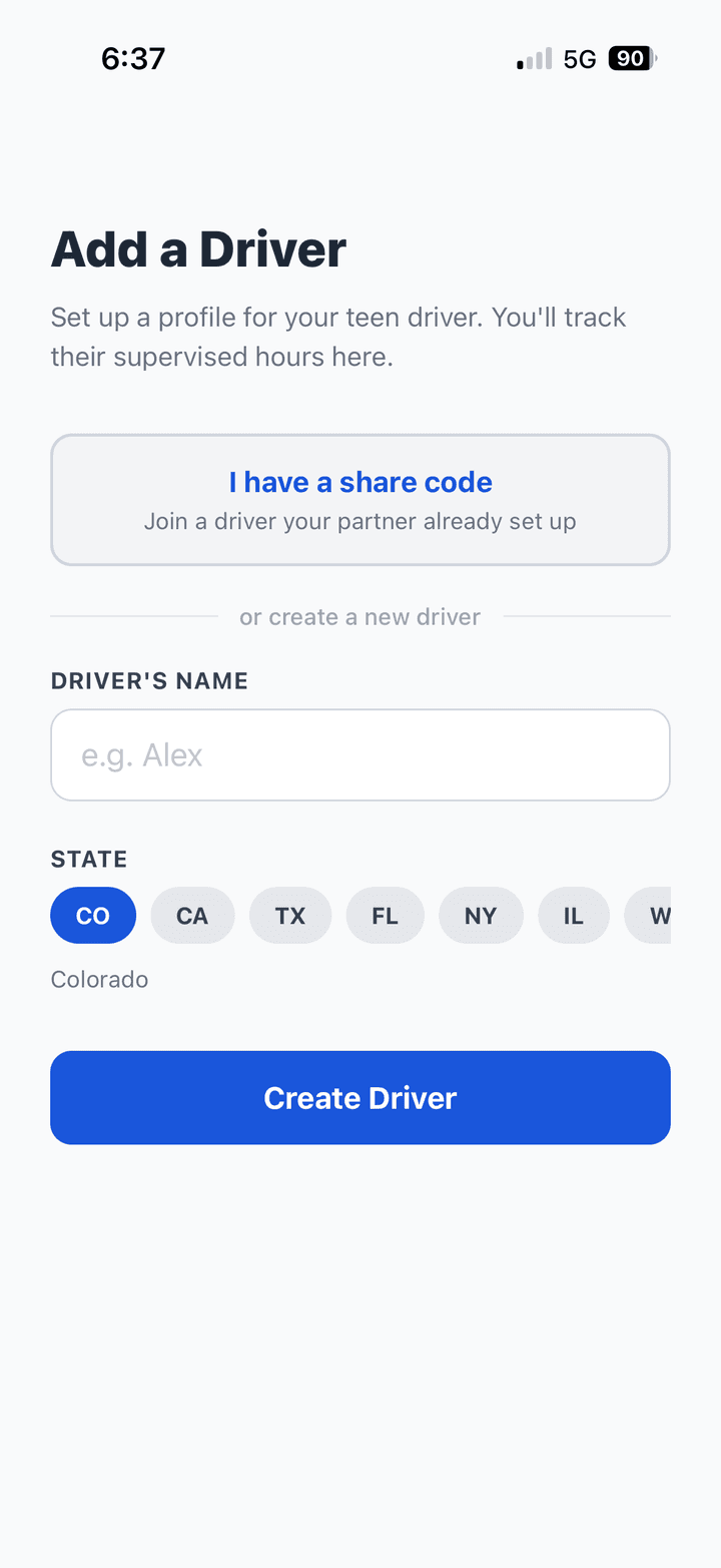 The add-a-driver screen with a share code option and a state picker