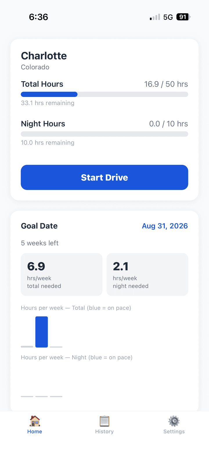 Drive Hours home screen showing total and night hours toward a 50-hour goal